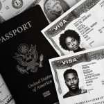 Passaporte dos Estados Unidos, documentos de visto e cédulas de dólar em composição conceitual.