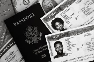 Passaporte dos Estados Unidos, documentos de visto e cédulas de dólar em composição conceitual.