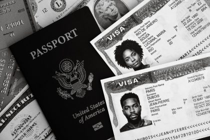 Passaporte dos Estados Unidos, documentos de visto e cédulas de dólar em composição conceitual.