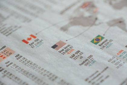 Close de um jornal com estatísticas de mercados financeiros globais e bandeiras de diferentes países.