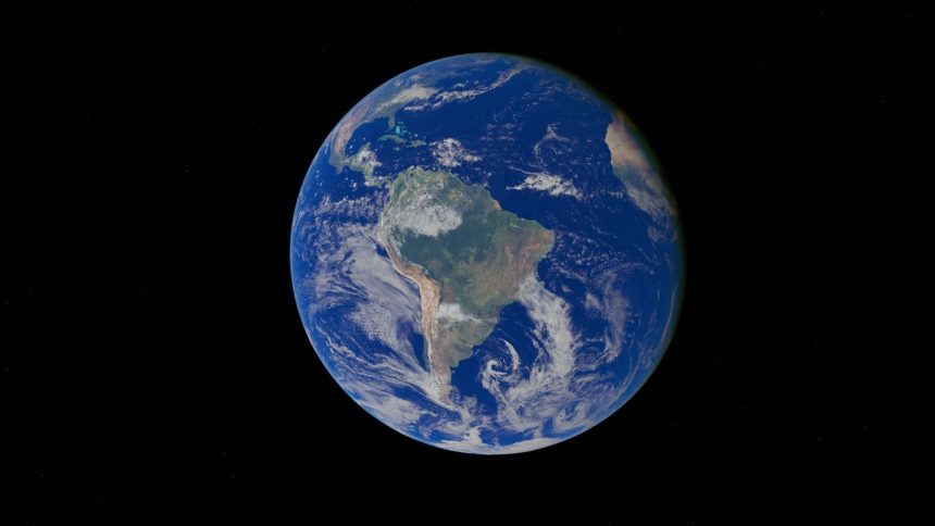 Imagem da Terra vista do espaço, com a América do Sul e o Oceano Pacífico em destaque.