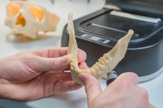 Técnico aprimora um modelo odontológico impresso em 3D em um laboratório.